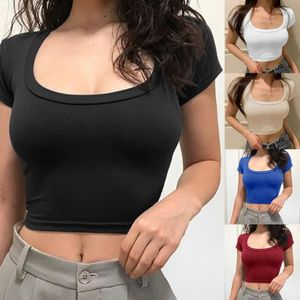 Kvinnors t skjortor kvinnor sexig fyrkantig nack ribbed skörd topp grund t-shirt sommar fast färg kort ärm navel skjorta flickor smal passande casual tee