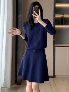 Casual Dresses 6759#Real S tröja Kvinnor kjol Tvådelar Set O Neck Långärmad Cardigan Sticked Office Lady Vestidos de Mujer