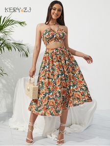 Dwuczęściowa sukienka Keby ZJ Summer Boho Bikini Set Sukienka szykowna elastyczna talia Dwie kawałki spódnica z kobietą na plaży wakacyjna kwiatowy druk midi zestawy 230608