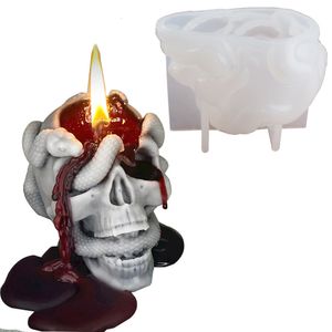 Candles 3D Skeleton Head Silicone Mould Double Snake Skull Halloween Horror Decoration Candle Wax Mold Cement Plaster Resin Craft Molds 230608