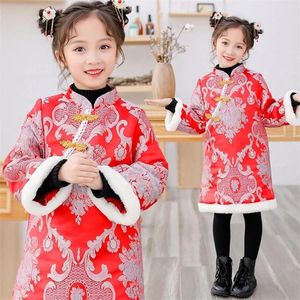 Ethnic Clothing Year's Red Dress For Girls Qipao Tang Suit Chinese Traditional Children's Cheongsam Embroidery Floral Print Winter