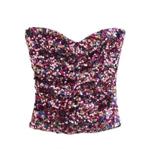 Canotte da donna Camis TRAF Sexy Fashion Shiny Paillettes Crop Canotte Vintage Sweetheart Neck Back Elastico Femminile Tube Top Streetwear 230608