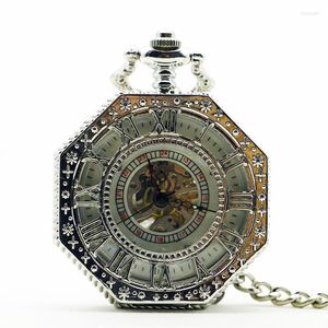Pocket Watches 5Pcs/lotRoman Number Mechanical Watch With FOB Chain Hand-winding Steampunk Full Steel For Men Women PJX1196