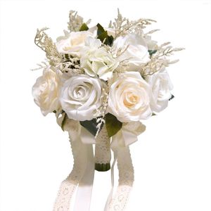 Hochzeit Blumen Brautjungfer Künstliche Seide Rose Halten Brautstrauß Band Für Zubehör Mariage Liefert