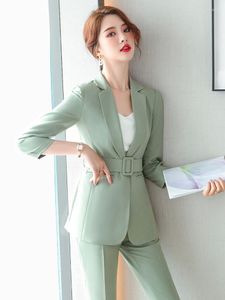 Calças femininas de duas peças primavera outono mulheres ternos de negócios conjuntos de calças e jaquetas tops verde blazer feminino uniforme de trabalho terninhos