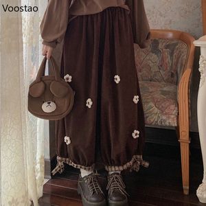 Womens Pants Capris Japanese Sweet Flower Corduroy Wide Leg Casual Women Vintage Cute Loose Trousers Girls Harajuku Sweatpants Kawaii Bloomers 230609