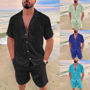Men's Tracksuits Mens Suit Bundle Men Spring Summer 2 Pieces Beach Short Sleeve Linen Shirts & Shorts Pants Sets With Pockets Suites For