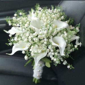 White Calla Lily Artificial Flowers Bouquet for Wedding Decorations, Handmade Faux Floral Arrangement for Bridal Table Centerpieces