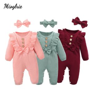 Rompers Baby Girl Clothes 0 till 3 månader långsleeve Född kostym för barn Spädbarn Romper Toddler kläder med Headban 230608