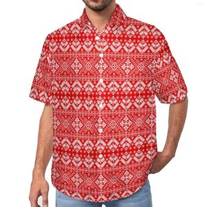 Men's Casual Shirts Retro Nordic Print Shirt Red And White Beach Loose Hawaii Aesthetic Blouses Short-Sleeve Design Oversized Clothing