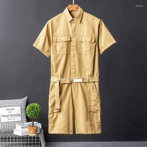 Men's Shorts Fashion Summer Short Sleeve Jumpsuit Men Overalls Lapel Multi Pocket Solid Color Cotton Loose Casual Black Khaki Pants