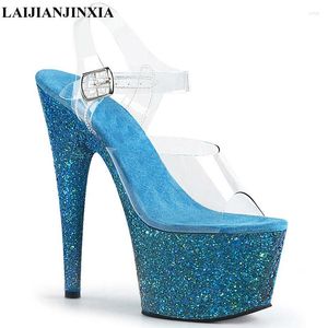 Sandálias Vestido Completo Peep Toe Pole Dance Sapatos Glitter Mulher Plataforma 17 Cm Salto Stripper Sexy Modelos Boate Flash