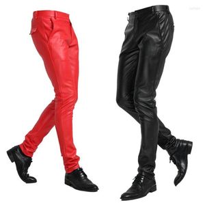 Herrbyxor svart röd vit blå mode motorcykel faux läder herrar fötter tunna täta pu byxor för män pantalon homme