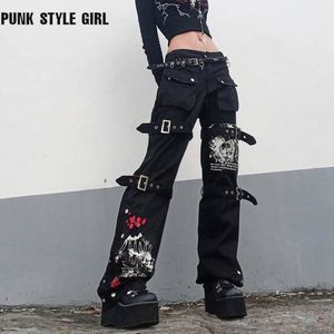 Calças femininas capris gótico emo alt carga techwear hippie baggy jeans mãe goth punk preto denim calças cyber y2k acadêmico roupas escuras 230609