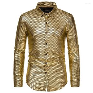 Mäns casual skjortor Mäns 70 -talsdräkt Shinny Metallic Gold Long Sleeve -knapp ner för Halloween Party Club Mardi Gras