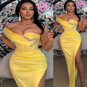 Sheath Yellow Graduation Dress Crystals High Split Satin Sexy Homecoming Party Formal Tail Prom Gowns Dresses Zj424 407