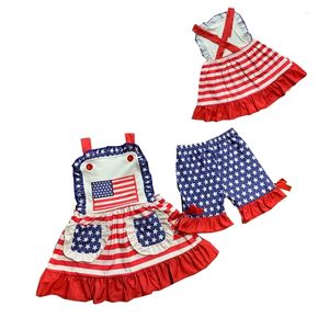 Bekleidungssets Großhandel für Kinder, 4. Juli-Flagge, rot-weiß gestreift, Tunika, Mädchen, ärmellos, blaue Shorts, Outfits 230608