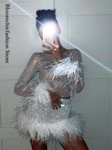 İki Parça Elbise Kadın Yarı Yolcu Tüy Etek Takımları Moda See-Through Kısa Katı Etek 2 Parça Set Grace Shiny Party Club Kıyafet 230609