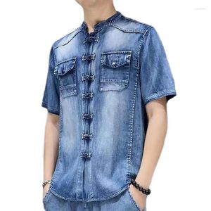 Camicie casual da uomo Colletto alla coreana Camicia di jeans a maniche corte da uomo 2023 Chiusura a rana estiva Monopetto lavato blu retrò