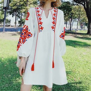 Spring Autumn Vacation Tourism Bow Tie Neck Dress Women Loose Elegant Ethnic Lantern Sleeve Cute Embroidered Floral Cute