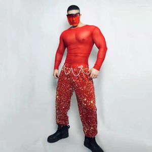 Scene Wear Bar Nightclub Men DJ Gogo Dance Costume Sexig Club Show Red Sequins Pants Transparent Tops Party Rave Outfits Performance Clothes Clothes