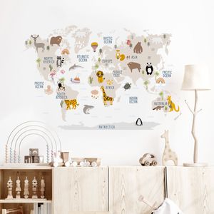 Switch Stickers Cartoon Large World Map Wall Animals Wildlife Akvarell Kids Vinyl Nursery Art Decals for Babys Girls Room Home Decor 230608