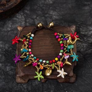 Charm Bracelets Bohemian Colorful Beach Starfish Gold Color Puffer Fish Pendant Hand-woven Bracelet Anklet Vintage Gypsy Women Chain Jewelry