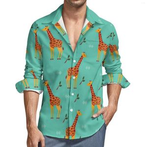 Camisas casuais masculinas Camisa fofa de girafa África Animal Print Manga comprida Blusas estilo de rua personalizadas Outono Novidade Top oversized