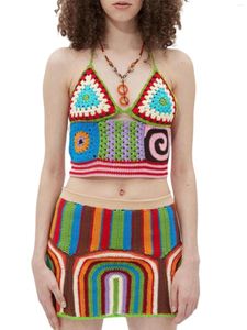 Two Piece Dress Women S 2 Summer Outfits Bohemian Sleeveless Halter Knit Fashion Crop Tops Mini Skirt Set Beachwear (Multi-Color S)