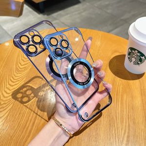 メッキ透明なフレームレスロゴホールカメラガラスレンズフィルムマグサフケース用の磁気磁気iPhone 14 13 12 11 Pro Max用の超薄いハードワイヤレス充電