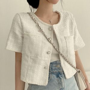 女性用ジャケットパールボタンOネックツイードショートスリーブカーディガンホワイトコート夏の格子縞のシャツ女性韓国スタイルのクロップドジャケットトップススリム230608