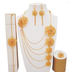 Colar Brincos Conjunto Jóias Dubai Banhado a Ouro 24K Aliança de Noiva Africana Pulseira Acessórios de Festa YY10088