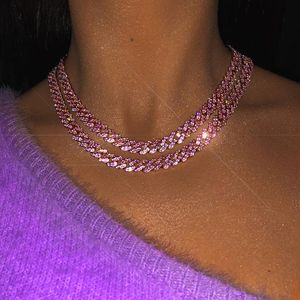 Bröllopsmycken sätter 9mm Iced Out Women Choker Necklace Cuban Link Full Pink Cubic AAA Zirconia Stones Armband Anklet Ste 230608