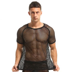 Herr t-shirts t-shirts sexiga män klädmode se genom mesh transparent fisknät toppar svart kort ärm fitness gym kläder smal skjorta 230608