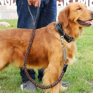 Dog Collars Leashes Leather Leash for Large Dogs Strong Braided with Buffer Spring Pet Traction Rope German Shepherd Z0609