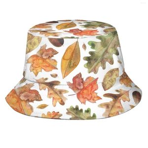 Boinas Aquarela Folhas De Outono. Mulheres Homens Pescador Chapéus Bucket Caps Folhas Outono Halloween Floral Árvores Ash Woodland