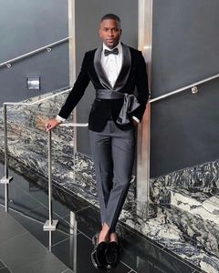 Velvet Men's Suits Blazers: Formal Black Slim Fit Tuxedos with Belt for Wedding