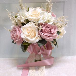 Hochzeitsblumen mit künstlichem, natürlichem Rosenstrauß mit Seidensatinband, rosa, weiß, Champagner, Brautjungfern-Brautparty