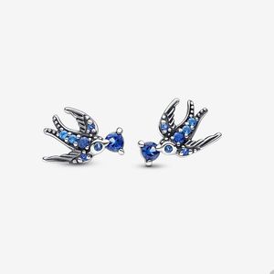 Sparkling Swallow Stud Earrings for Pandora Authentic Sterling Silver Party Jewelry designer Earring for Women Blue Crystal Diamond Cute earring with Original Box