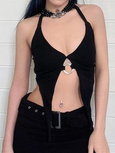 Serbatoi da donna Punk Sexy Anello Hollow Tie Up Halter Tank Top Donna senza maniche Backless Solid Black Canotta Club Gothic Crop Streetwear