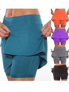 التنانير Visnxgi Women Sport Yoga Skirt Dance Fitness Solid Female Running Skort Workout Gym Pockets Tennis Active Athletic Shorts