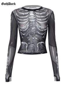 Women's T-Shirt Goth Dark Skeleton Print Mesh Mall Gothic Women T-shirts Grunge Aesthetic See Through Sexy Crop Tops Emo Black egirl Alt Clothes 230608