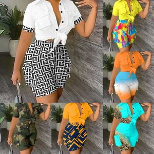 Fatos de treino de verão feminino roupas de grife gola 3D bolso impressão camisa e shorts conjunto de duas peças tamanho grande 3xl