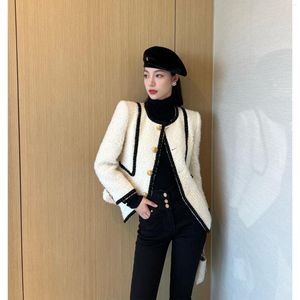 Женские куртки Xiaojingjia's Tyme High Set петля шерстяной твид с контрастным поясом французского стиля.