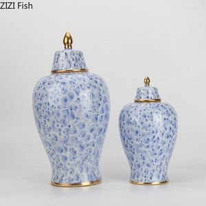 Bottiglie di stoccaggio Barattolo dipinto a bolle blu con coperchi Vasi in ceramica placcata oro Artigianato Disposizione dei fiori Barattoli di gioielli Contenitori cosmetici