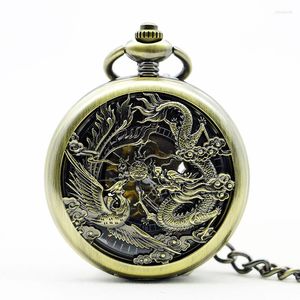 Taschenuhren 5 Teile/los Vintage Chinses Flying DragonPhoenix Anhänger Bronze Uhr Mechanische Hand Wind Geschenk