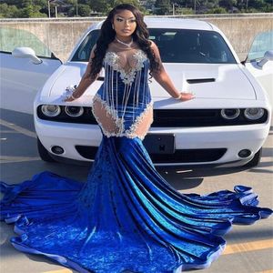 Gorgeous Blue Velvet Evening Dress 2023 Plus Size Mermaid Black Girls Prom Dresses With Tassel Elegant Beaded Formal Birthday Vestidos De Noche South African Women