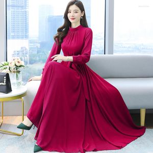 Casual Dresses Female Fashion Beach Boho Midi Burgundy Dress Elegant Women Vintage Long Sleeve O-neck Chiffon High Waist Vestidos