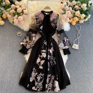 JSXDHK Runway Women's Party Dress Autumn Chiffon Patchwork Mesh Floral Brodery Midi Dress Luxury Feather Bow Collar