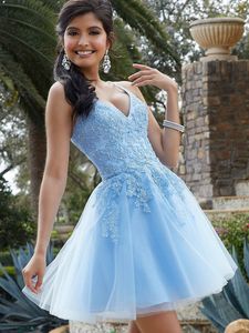 Sky Blue Tulle Short Homecoming Dresses A Line Spaghetti Pärled Applique Lace Up Cocktail Party Graduation Gowns Vestidos